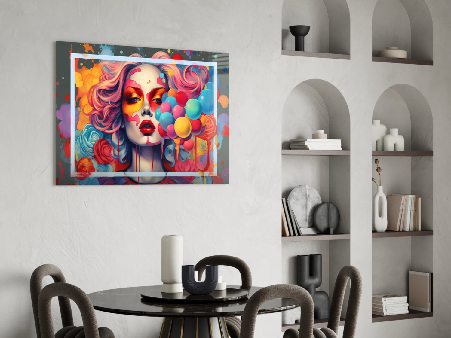 Colorful pop art glass wall art depicting a woman's face with vibrant rainbow balloons, displayed above a round dining table in a modern interior.