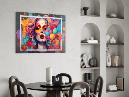 Colorful pop art glass wall art depicting a woman's face with vibrant rainbow balloons, displayed above a round dining table in a modern interior.