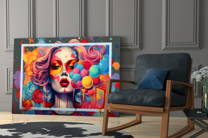 Colorful pop art glass wall art featuring a woman's face with vibrant makeup and oversized balloon earrings displayed in a modern living room setting.