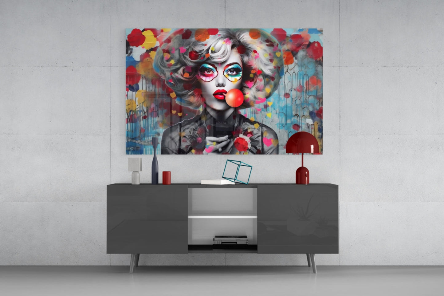 Red Bubble Gum Confetti Hearts Glass Wall Art
