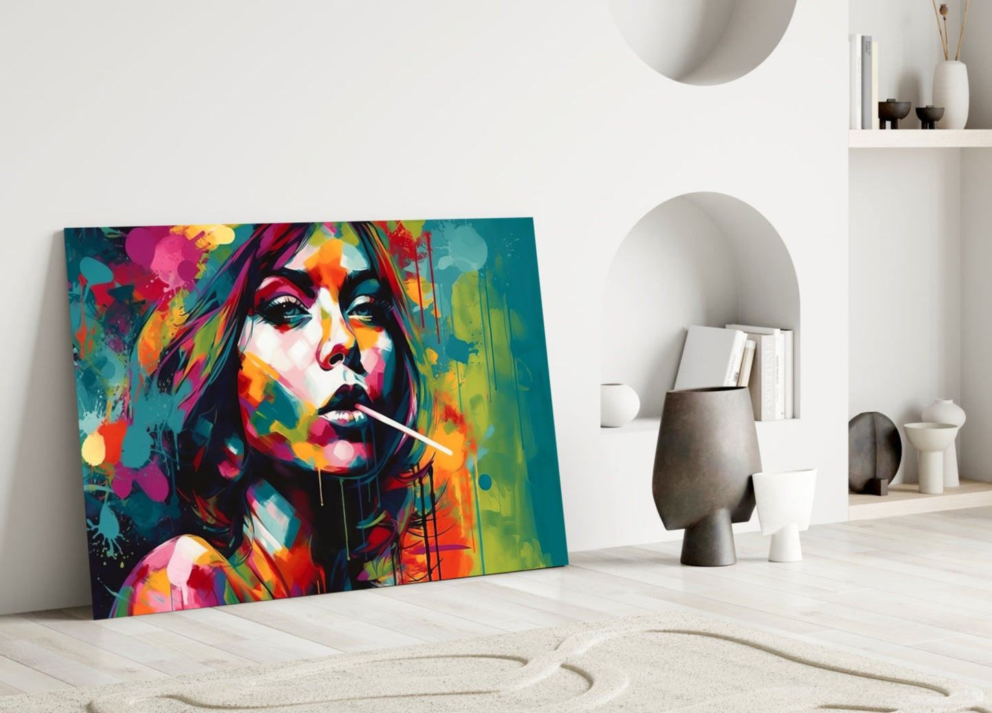Teal Splash Painted Woman Candy Stick Glass Wall Art