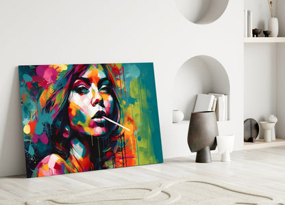 Teal Splash Painted Woman Candy Stick Glass Wall Art