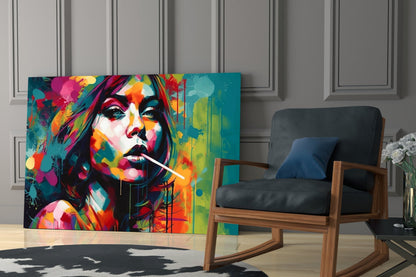 Teal Splash Painted Woman Candy Stick Glass Wall Art