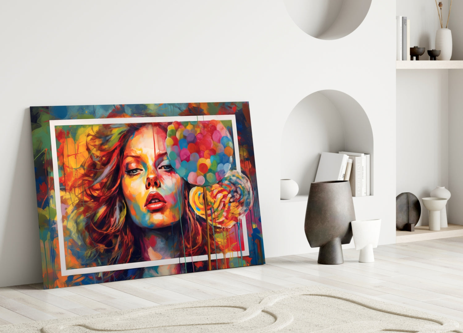 Colorful abstract portrait glass art leaning against white wall in minimalist interior setting.