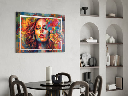 Colorful pop art portrait with vibrant rainbow hues and white border displayed on white wall above round black dining table.