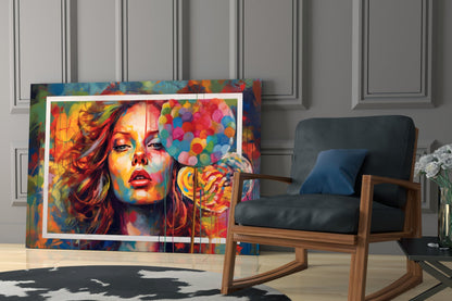 Vibrant colorful portrait glass art panel displayed in modern living room beside wooden chair with black cushions.