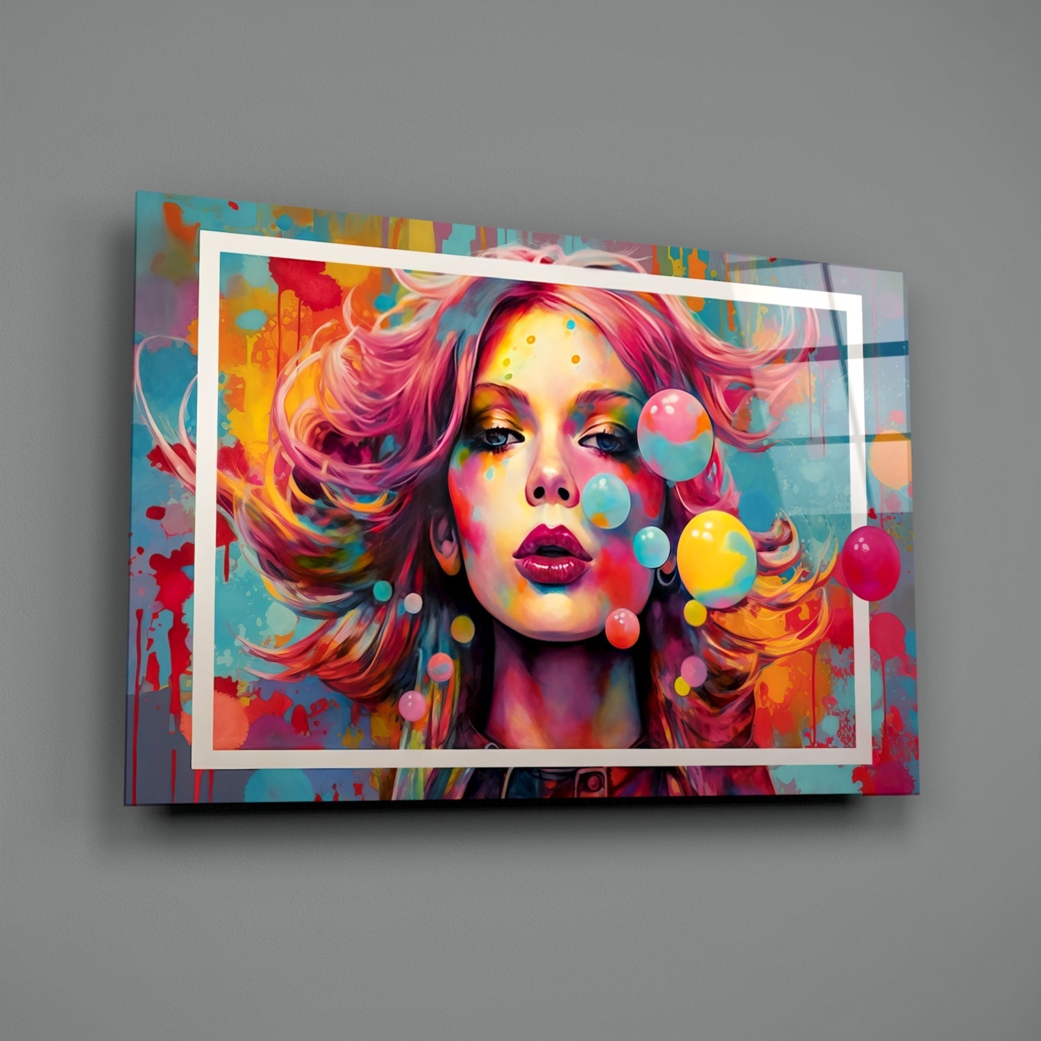 Colorful pop art glass wall panel featuring a woman with vibrant pink hair and decorative bubbles against a multicolored abstract background.