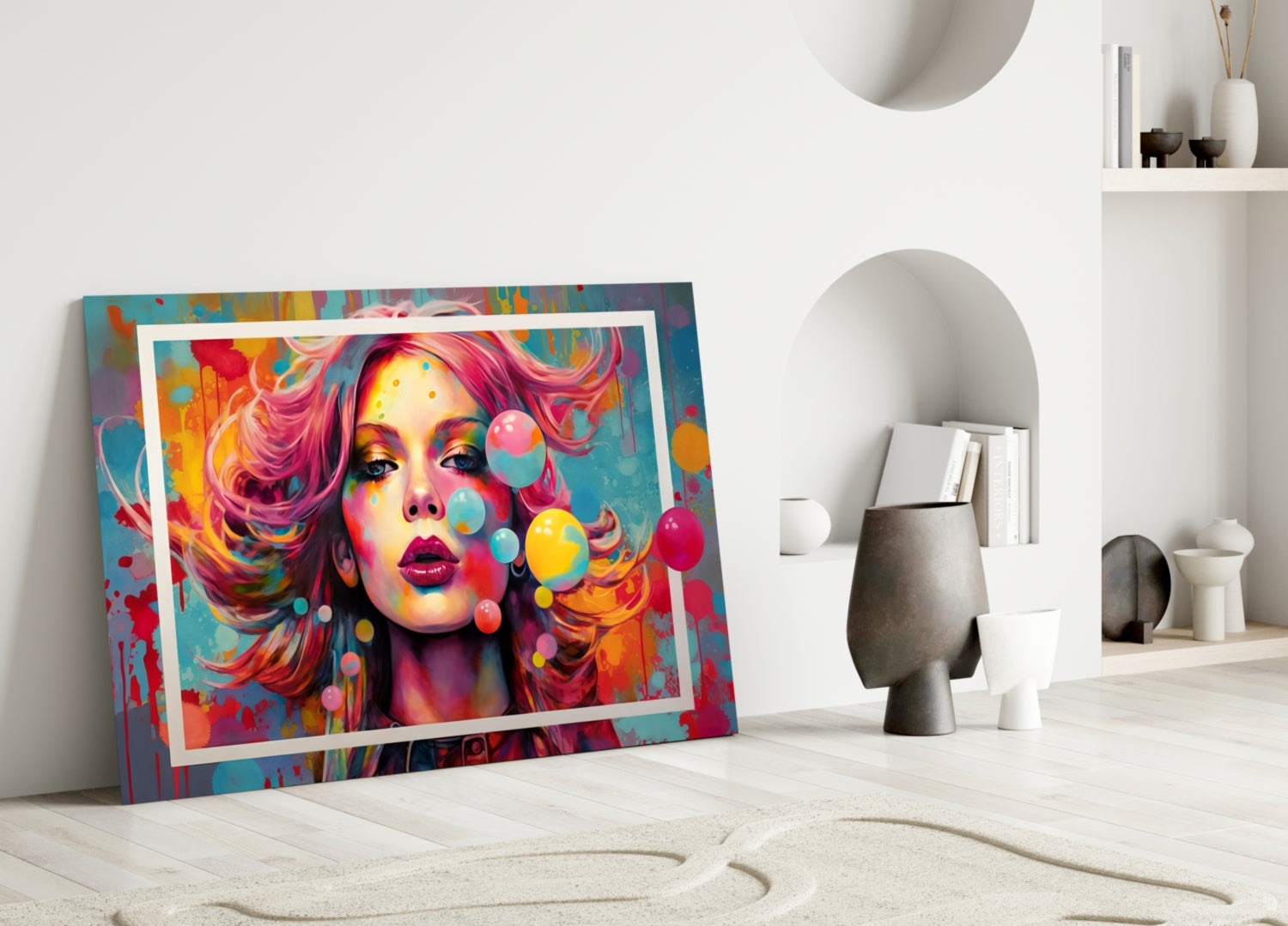 Colorful pop art glass wall art featuring a woman with pink hair and rainbow bubbles, leaning against a white wall in a minimalist room setting.