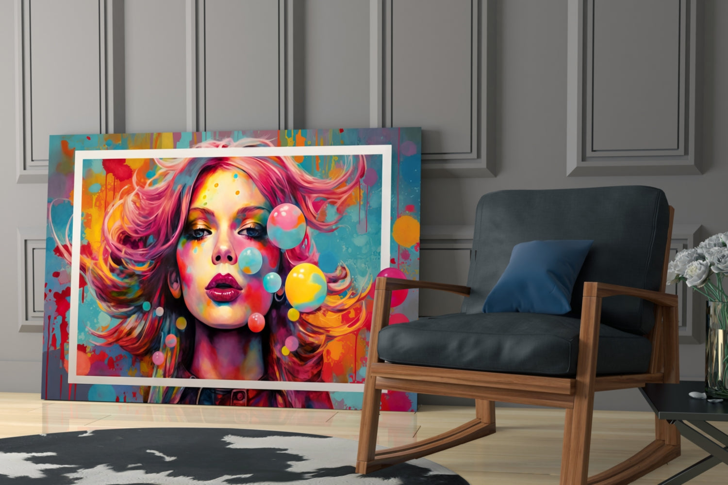 Colorful pop art glass wall panel featuring vibrant portrait of woman with pink hair and geometric shapes displayed in modern living room interior.