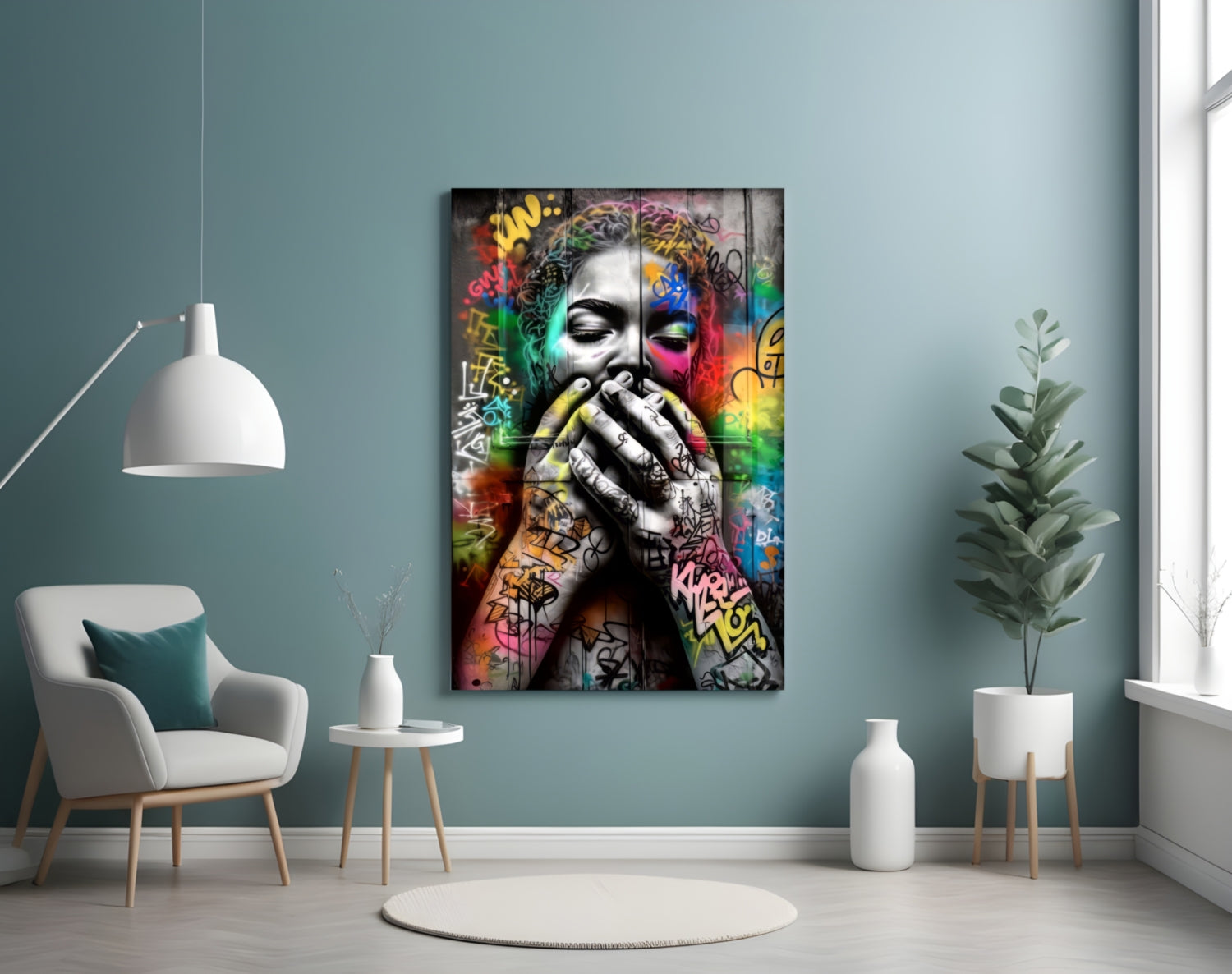 Colorful street art glass panel depicting a portrait with graffiti and rainbow paint effects, displayed on a teal wall in a modern living room setting.