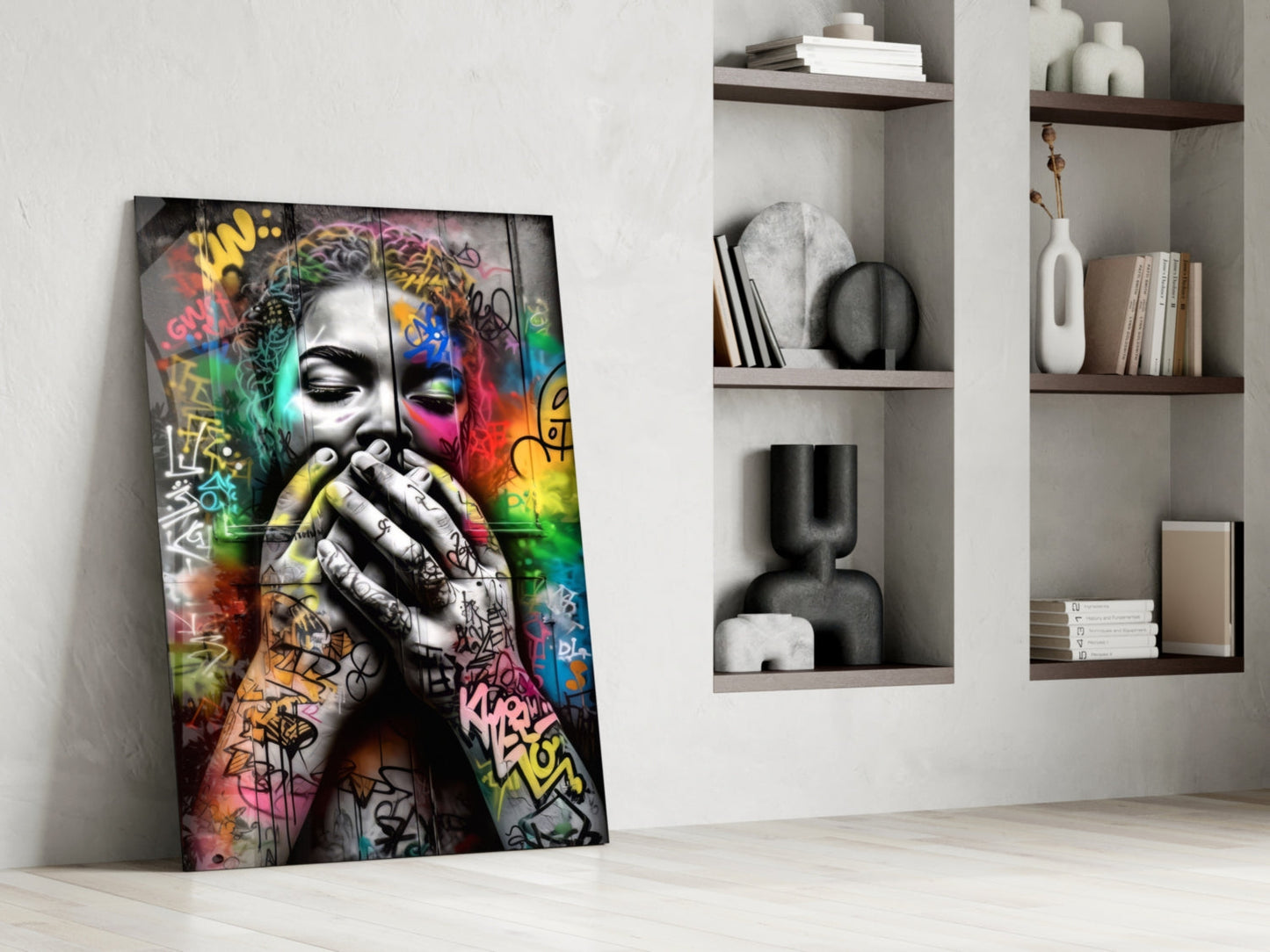 Colorful graffiti street art glass panel leaning against white wall beside minimalist shelving unit with decorative objects and books.