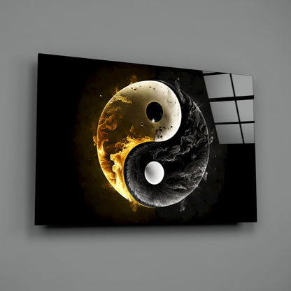 Yin-yang glass wall art displayed at an angle, showing fire and smoke effects with golden flames on white side and dark smoke on black side.