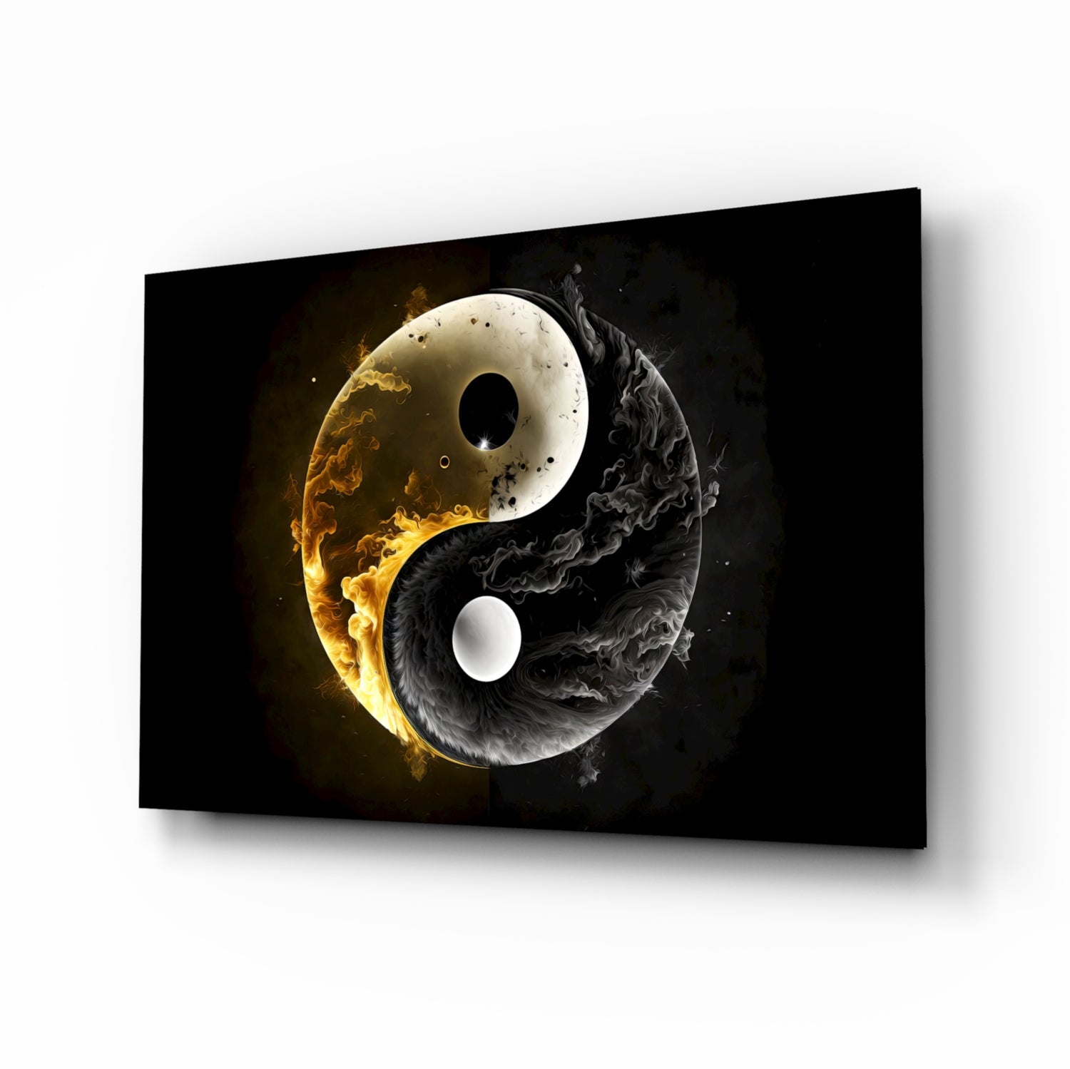 Yin yang glass wall art displayed at an angle, showing fire and smoke effects on black background with gold and grey swirling elements.