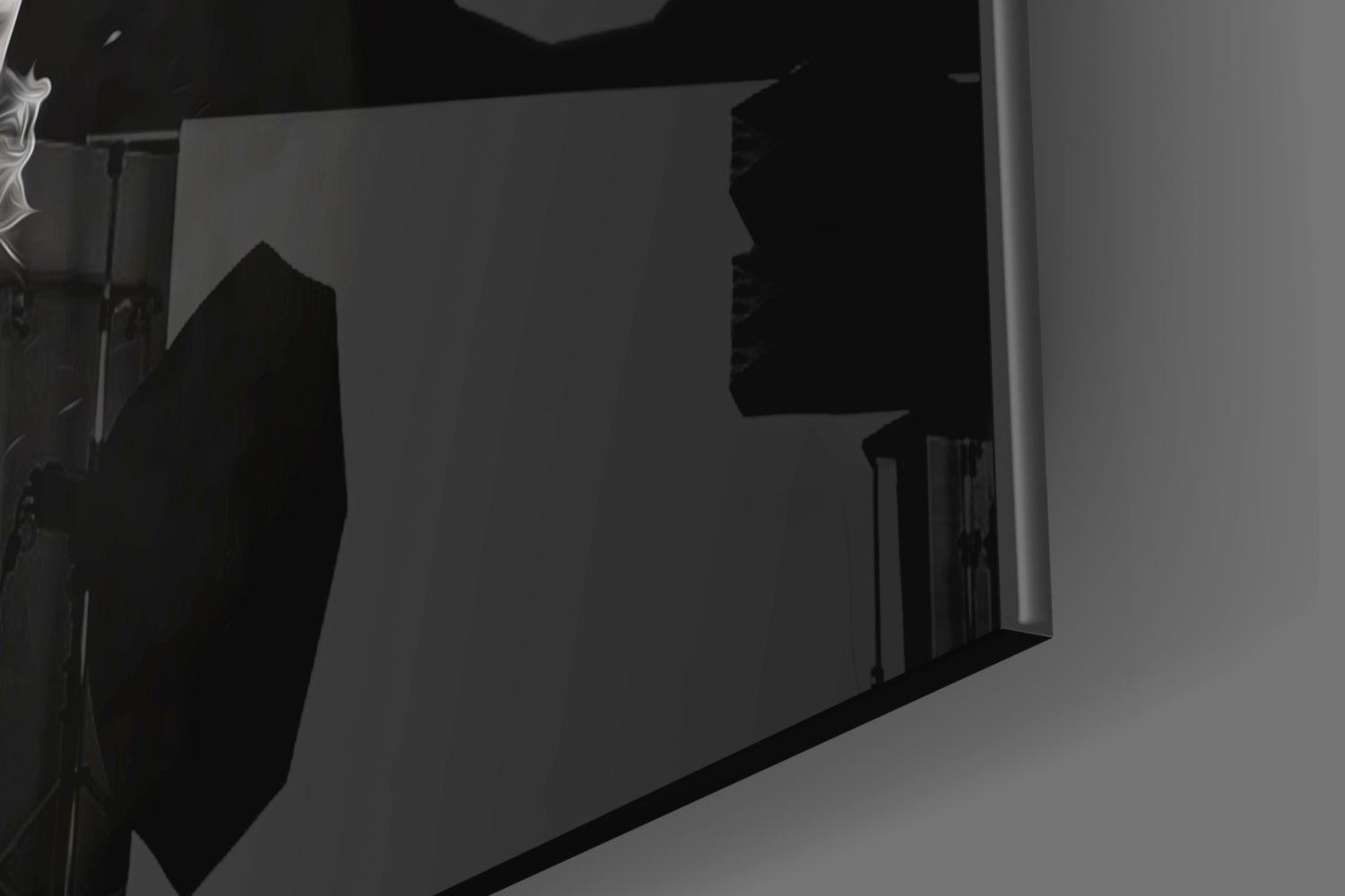 Yin Yang glass wall art displayed on light gray wall, showing black silhouette design against translucent glass panel in interior setting.