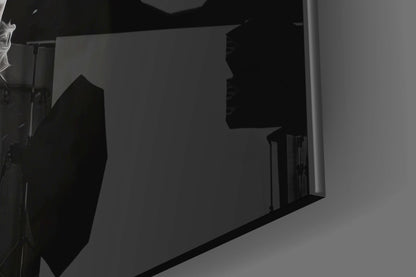 Yin Yang glass wall art displayed on light gray wall, showing black silhouette design against translucent glass panel in interior setting.