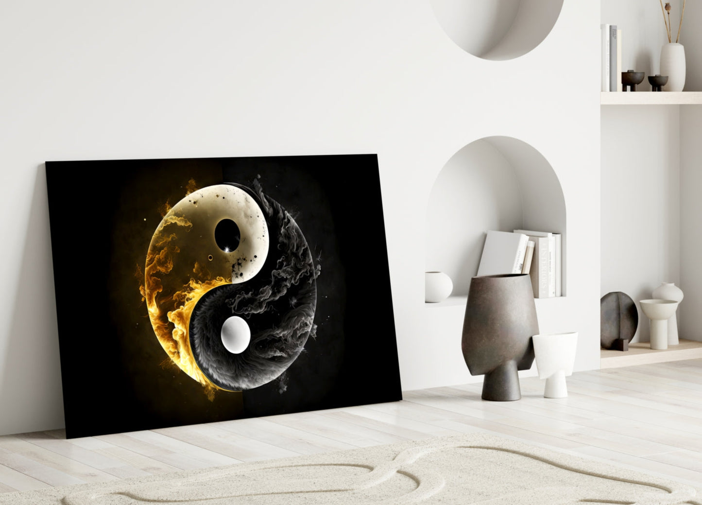 Yin-yang glass wall art leaning against white wall in minimalist room, featuring golden fire and black smoke design on black background.