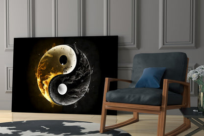 Yin-yang glass wall art with fire and smoke effects displayed in modern living room next to wooden chair.