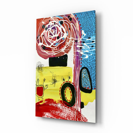 Angled view of colorful glass wall art featuring a yellow bus, red rose, blue patterns, and black sketched elements on white background.