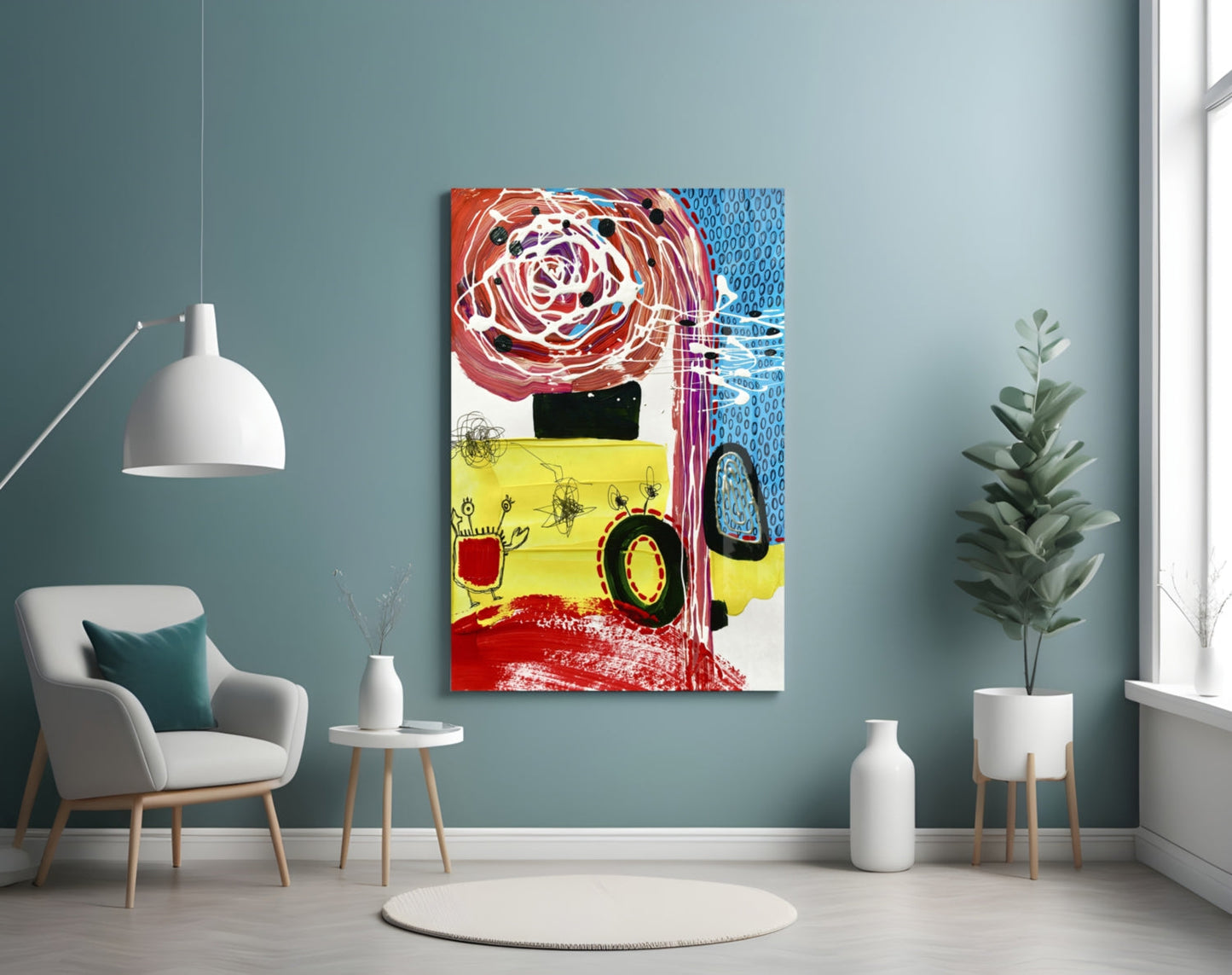 Colorful mixed media glass wall art depicting an abstract yellow bus with red rose and blue patterned background, displayed in modern living room setting.