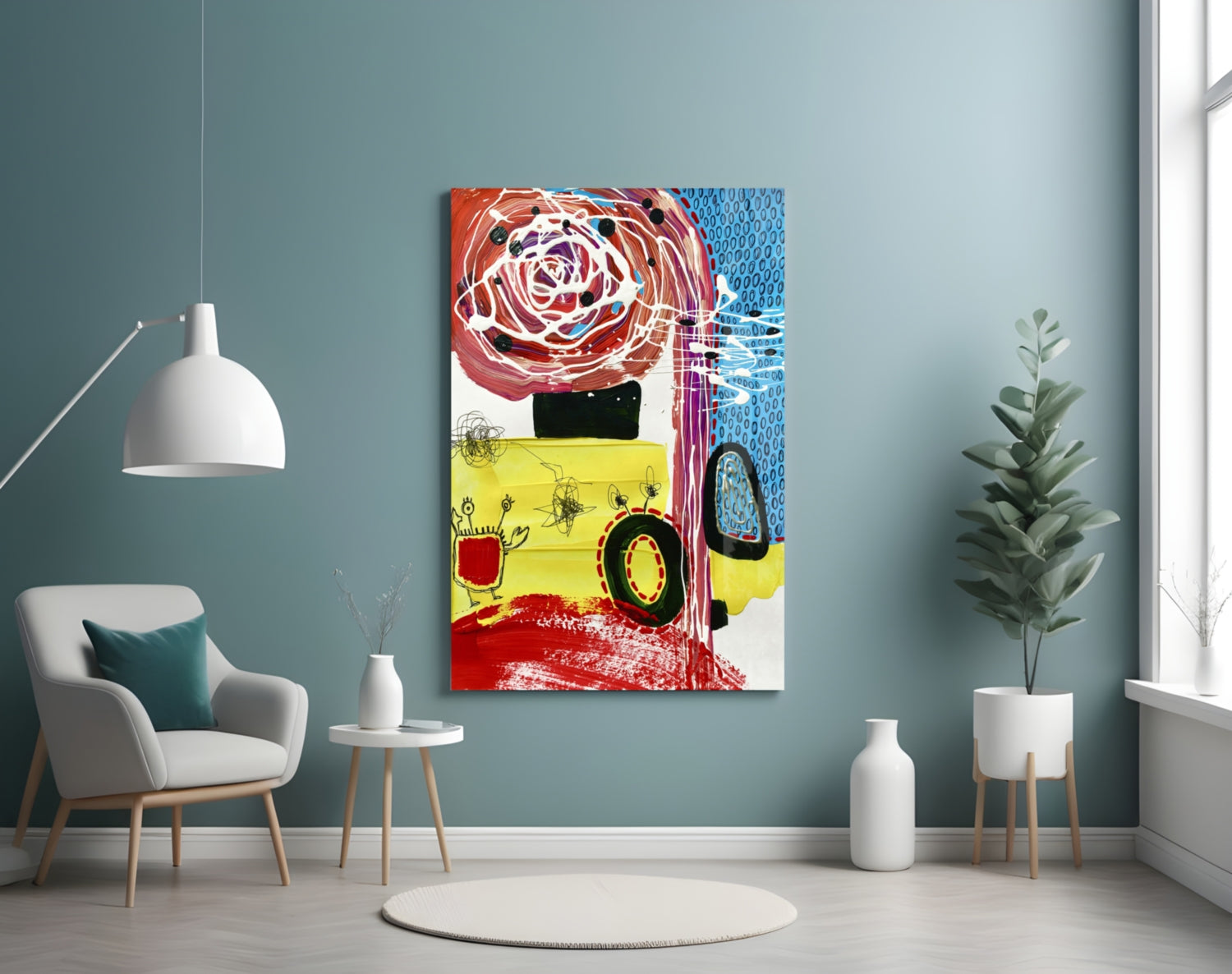 Colorful mixed media glass wall art depicting an abstract yellow bus with red rose and blue patterned background, displayed in modern living room setting.