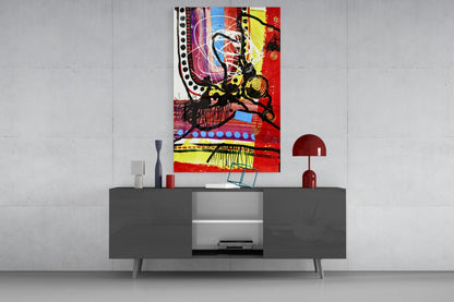 Red Field Gold Spiral Abstract Lines Glass Wall Art