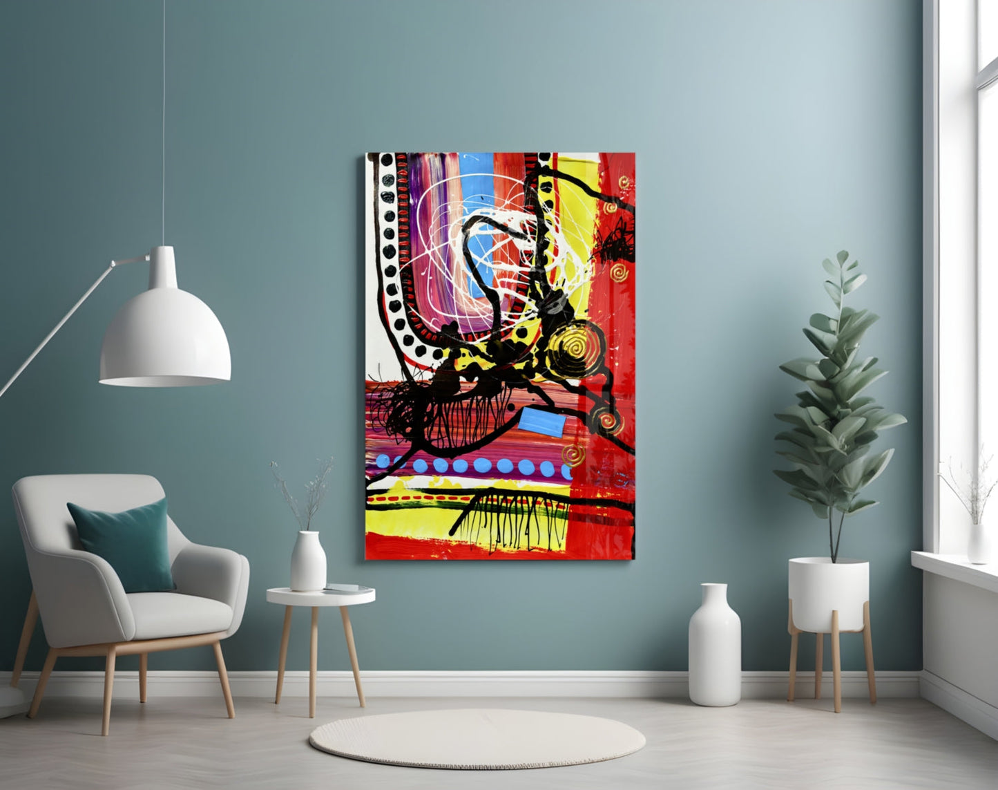 Red Field Gold Spiral Abstract Lines Glass Wall Art