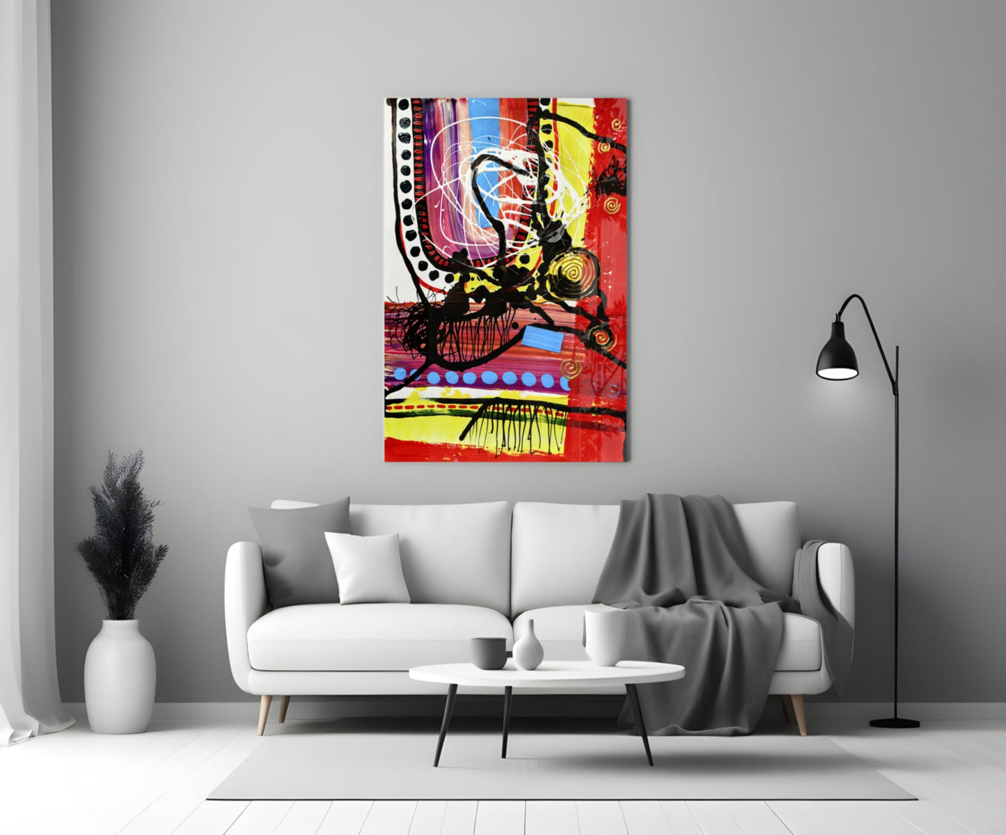 Red Field Gold Spiral Abstract Lines Glass Wall Art