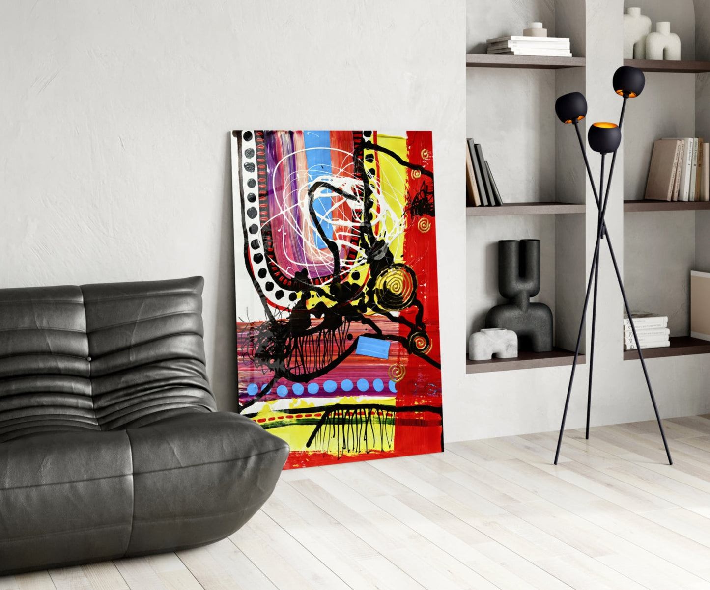 Red Field Gold Spiral Abstract Lines Glass Wall Art