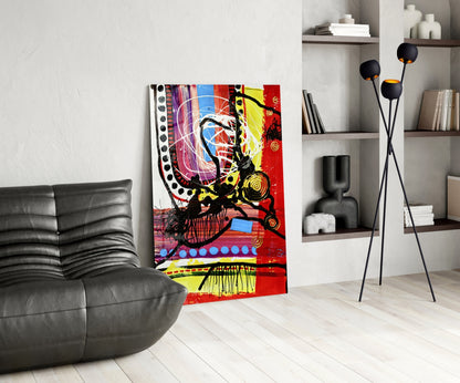 Red Field Gold Spiral Abstract Lines Glass Wall Art