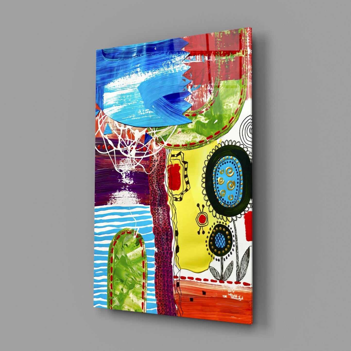 Folk Flower Doodle Abstract Lines Glass Wall Art