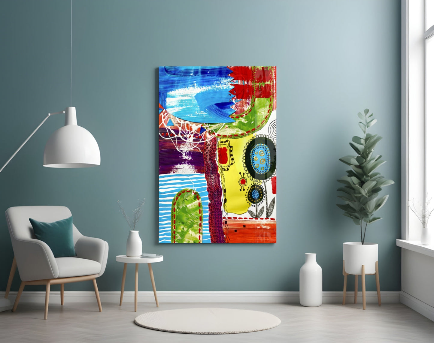 Folk Flower Doodle Abstract Lines Glass Wall Art