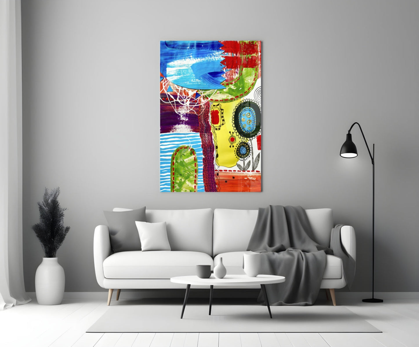 Folk Flower Doodle Abstract Lines Glass Wall Art