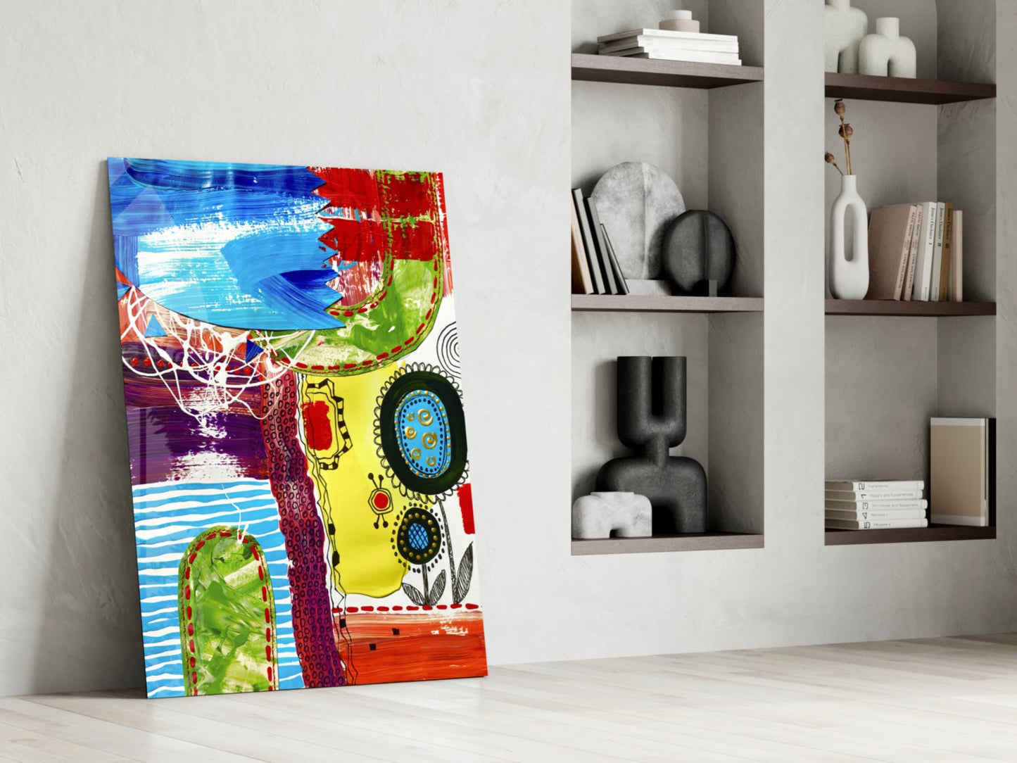 Folk Flower Doodle Abstract Lines Glass Wall Art