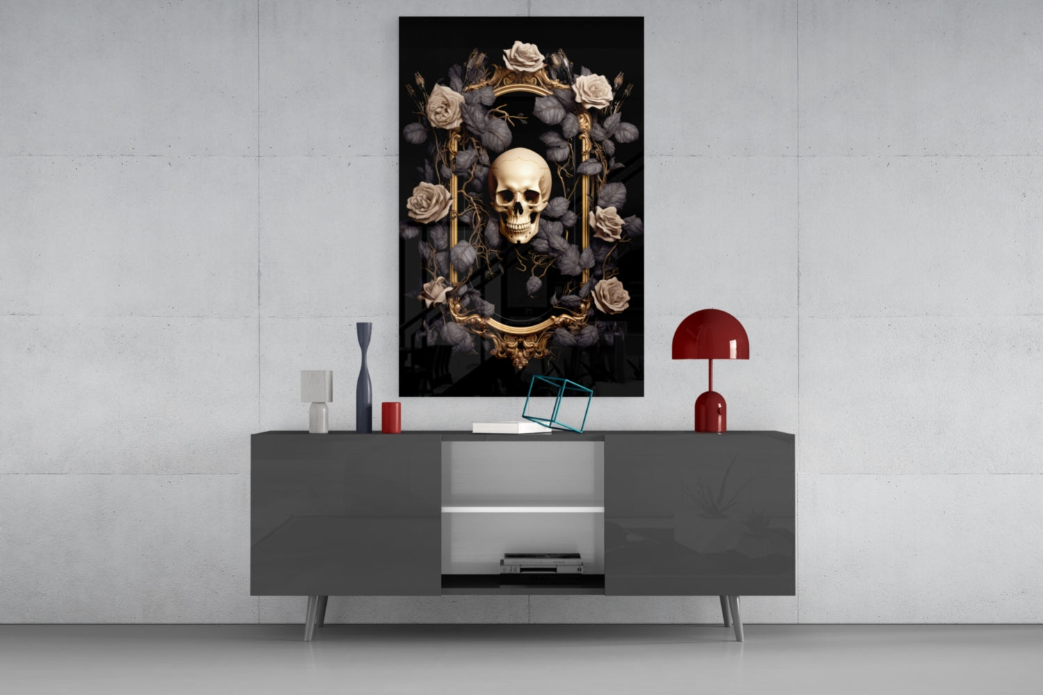 Dark skull portrait with cream roses and gold ornamental frame displayed above gray media console with red lamp and decorative accessories.