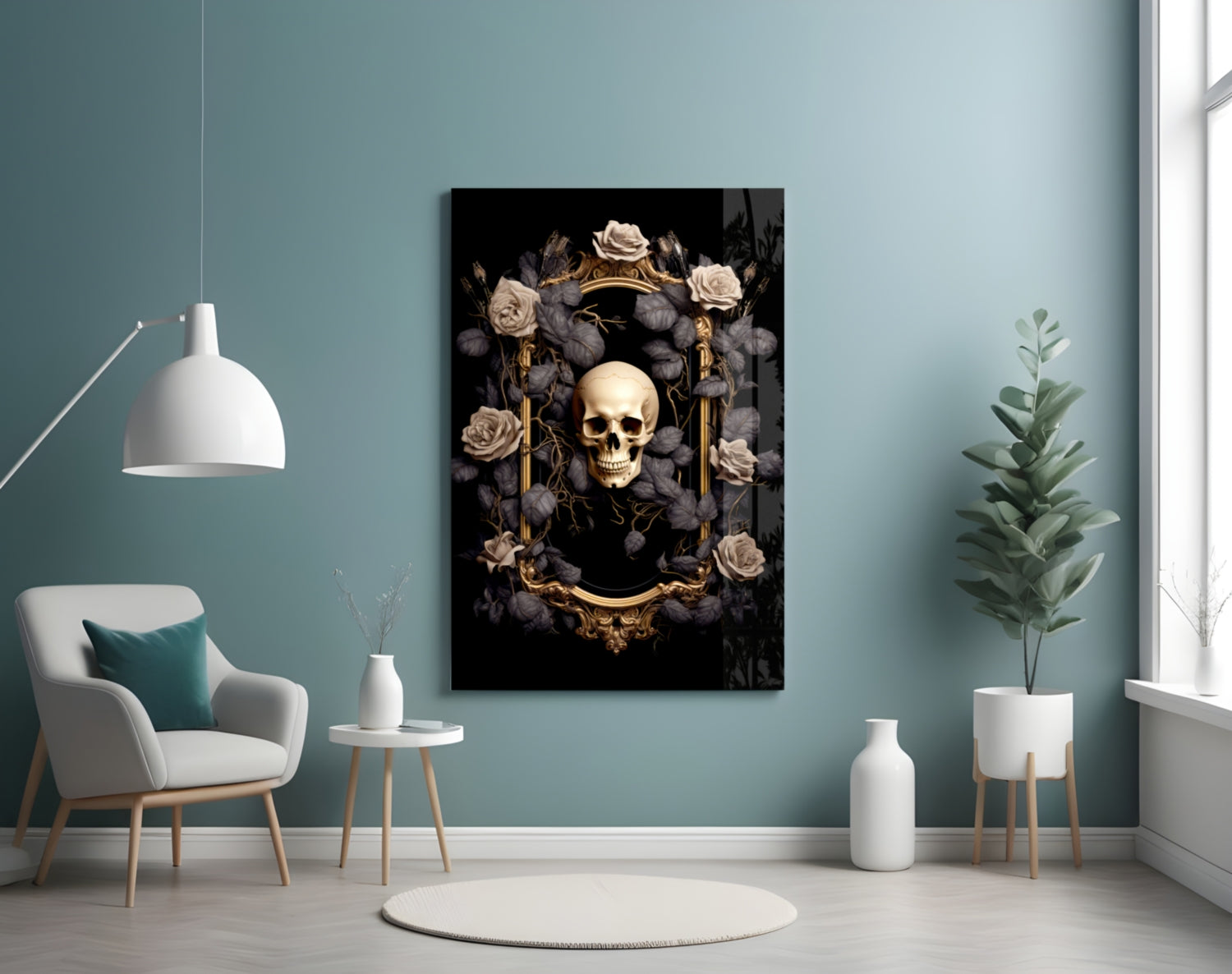 Skull Portrait Glass Wall Art displayed on turquoise wall above white chair in modern living room setting.