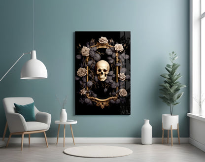 Skull Portrait Glass Wall Art displayed on turquoise wall above white chair in modern living room setting.