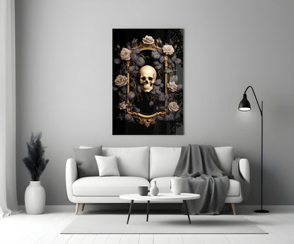 Gold-framed skull artwork surrounded by cream and grey roses on black background, displayed above white sofa in modern living room.