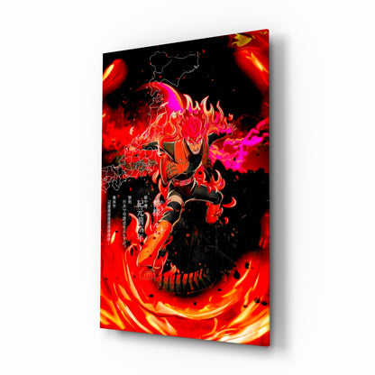 Angled view of glass wall art featuring a flaming anime character in red and orange against black background with Asian text.
