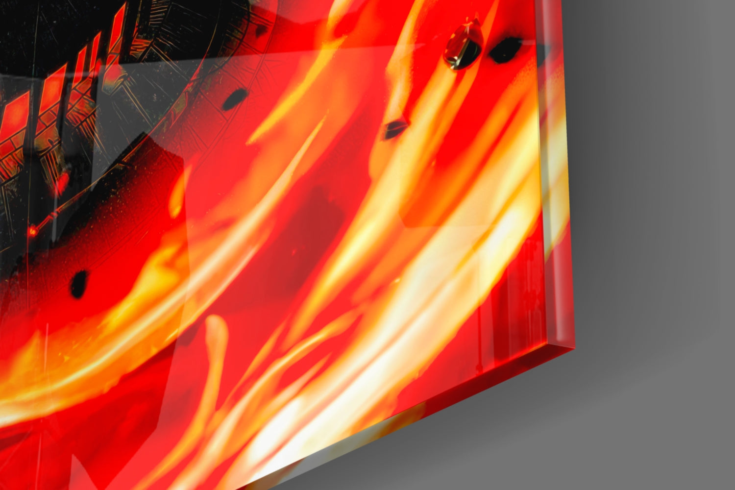 Close-up angled view of red and orange manga glass wall art with yellow flame-like streaks and black details visible on surface.