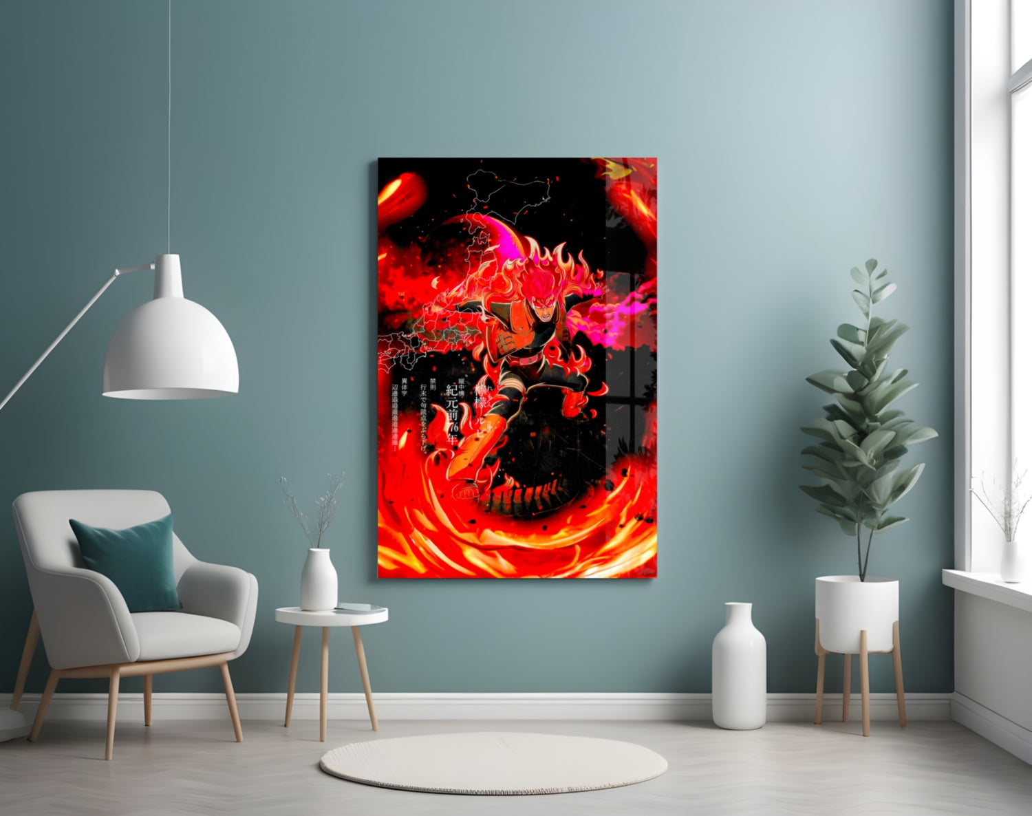 Modern living room interior with vibrant red and orange manga-style glass wall art depicting an animated character surrounded by flames.