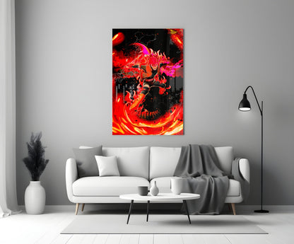 Vibrant red and magenta manga-style glass wall art featuring a demon character displayed above a white sofa in a minimalist living room.