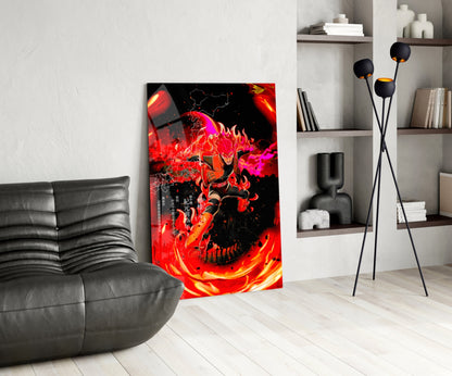 Vibrant red and orange manga-style glass wall art displayed in modern living room with gray leather sofa and shelving.