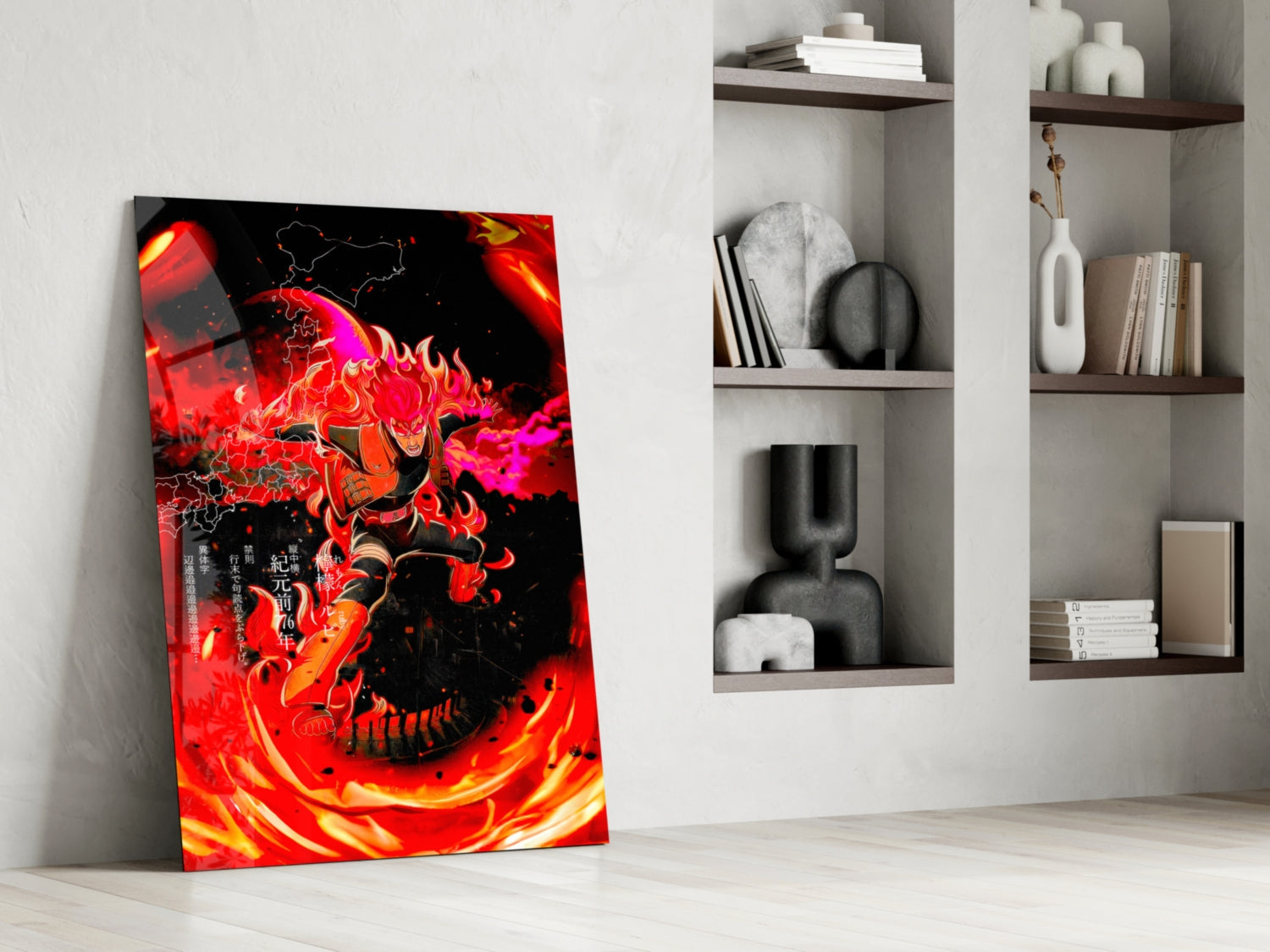 Vibrant red and orange anime glass art leaning against white wall beside minimalist shelving with decorative objects.