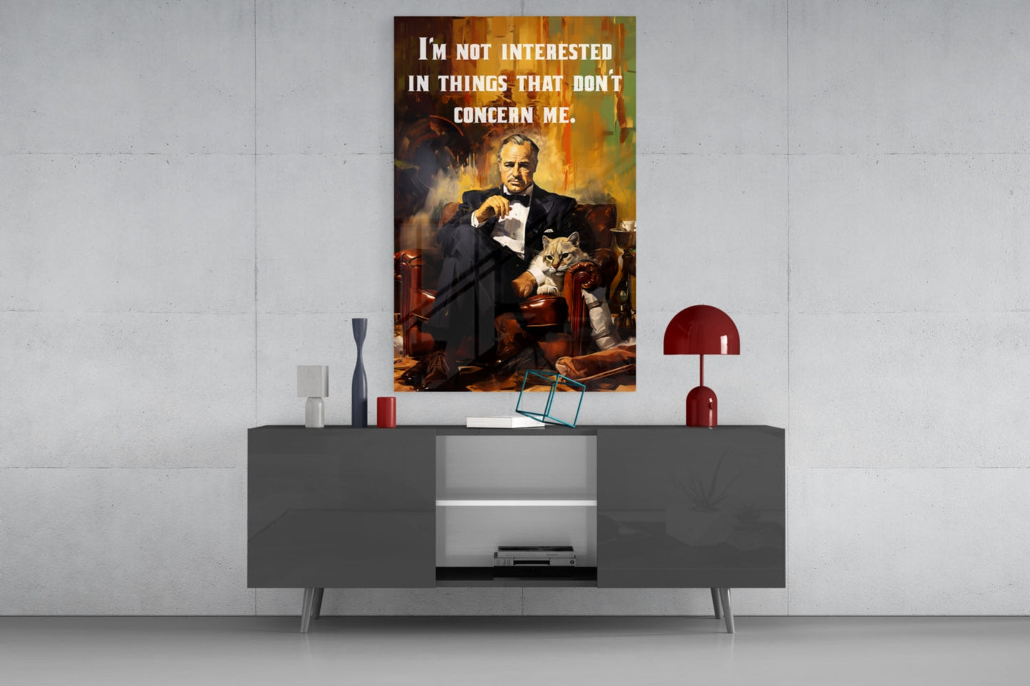 Suited Boss With Cat and Quote Glass Wall Art