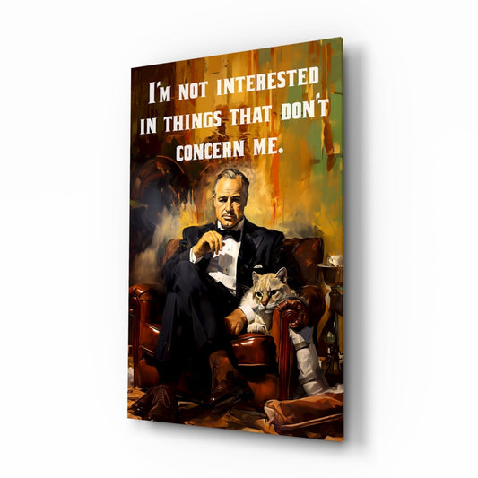 Angled perspective of glass wall art showing suited man with cat and quote text on warm-toned background.