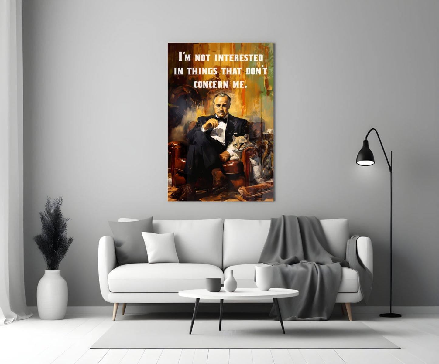 Suited Boss With Cat and Quote Glass Wall Art