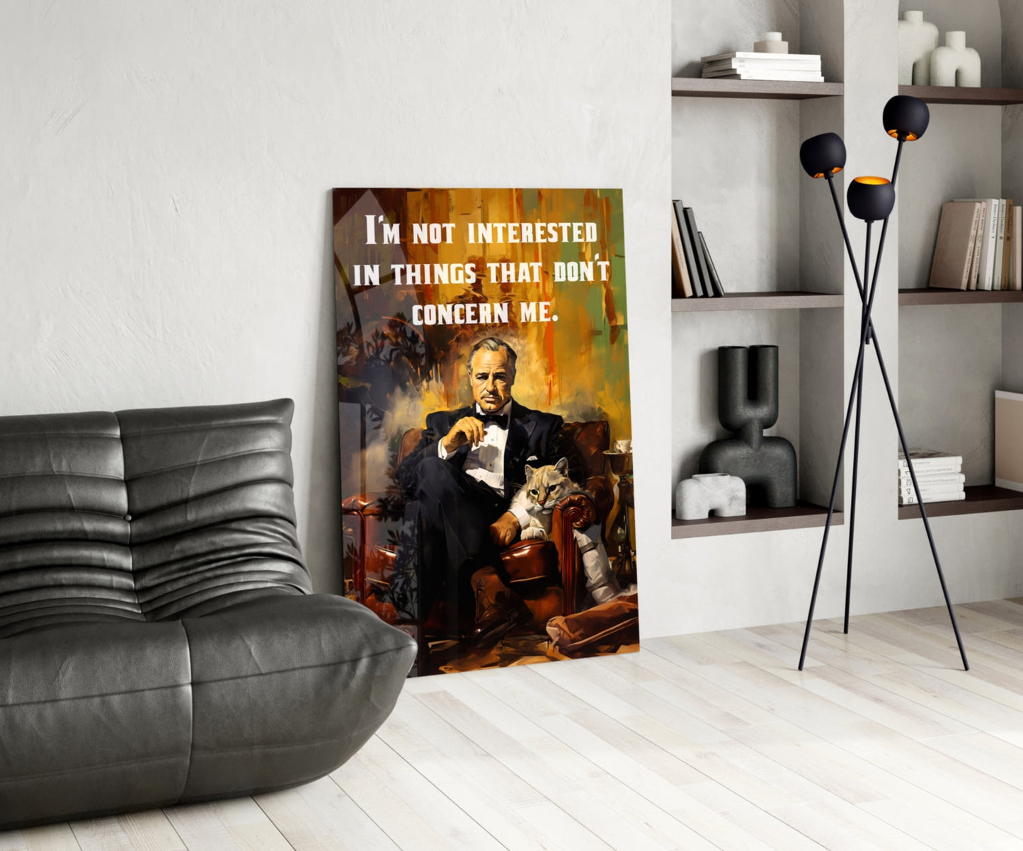 Suited Boss With Cat and Quote Glass Wall Art