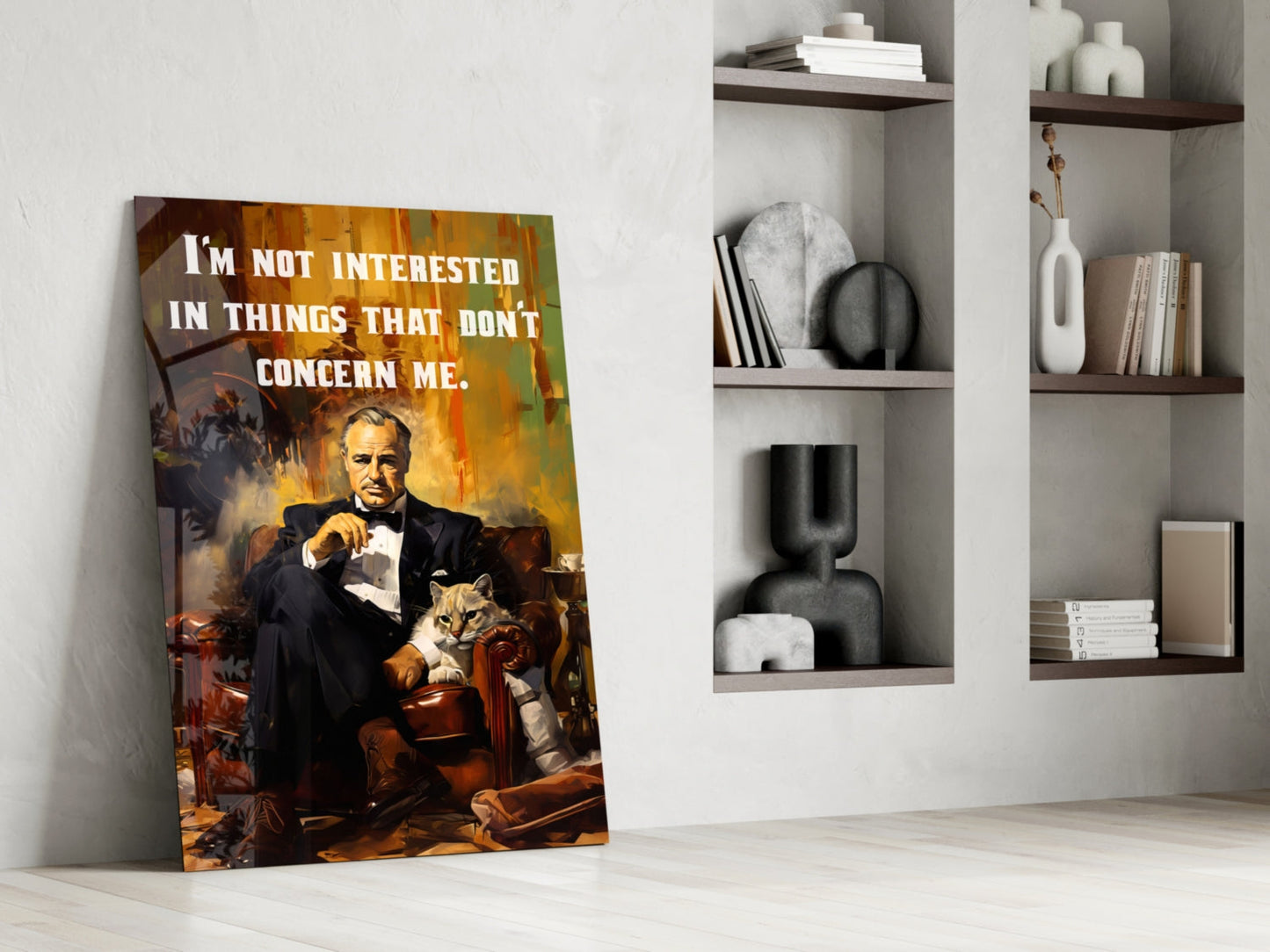 Suited Boss With Cat and Quote Glass Wall Art