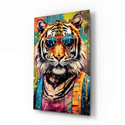 Cool tiger wearing orange-framed sunglasses and colorful clothing against a vibrant graffiti-textured background on glass.