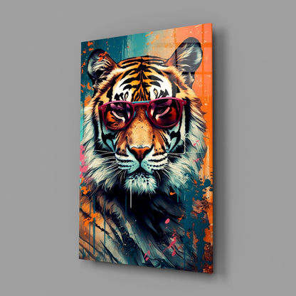 Teal And Orange Splatter Tiger Glass Wall Art